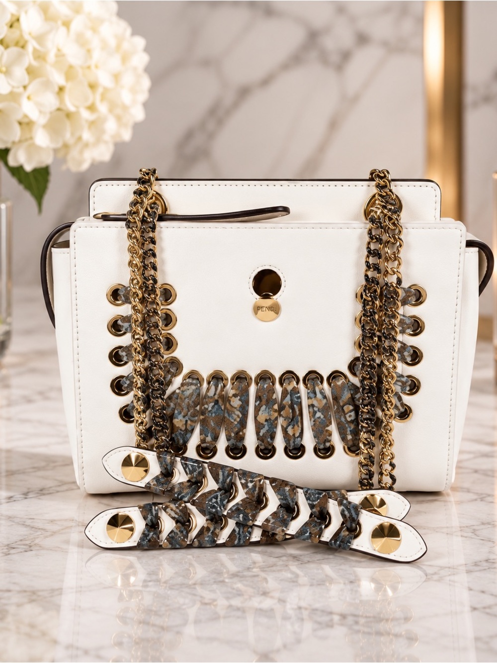Fendi White Leather & Lace DotCom Chain Shoulder Bag Excellent Full Inclusion
